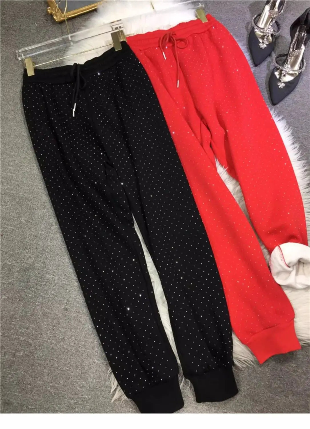 Plus Size L-4XL 150KG Women's Fleece Sweatpants 2024 New Red Diamond Stamping Harem Pants Autumn/winter Casual Female Trousers