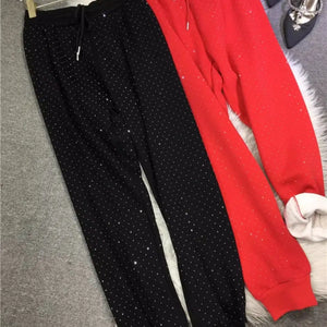 Plus Size L-4XL 150KG Women's Fleece Sweatpants 2024 New Red Diamond Stamping Harem Pants Autumn/winter Casual Female Trousers