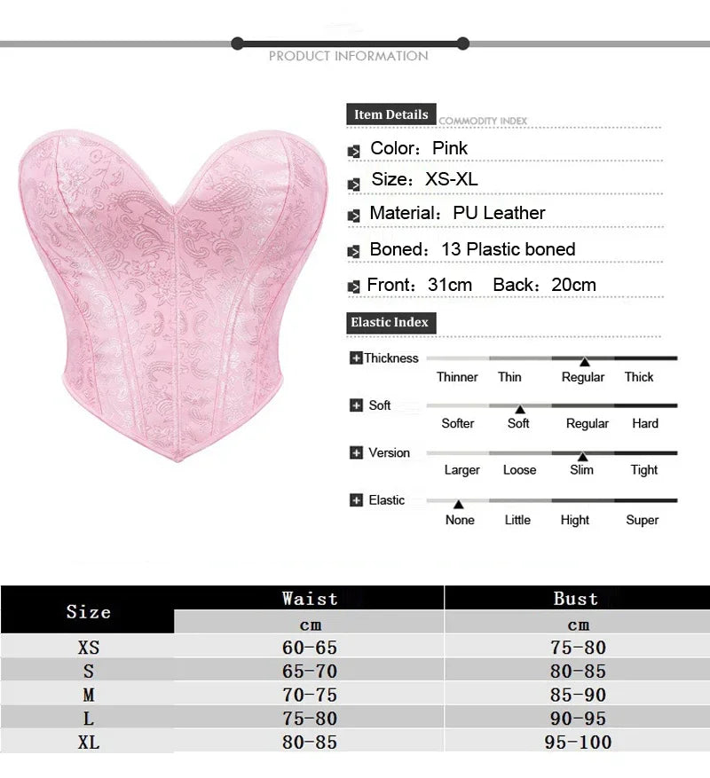 Short Torso Pink Lace Up Corsets Crop Top Plastic Boned Overbust Brocade Slim Body Shaper Women Sexy Lingerie