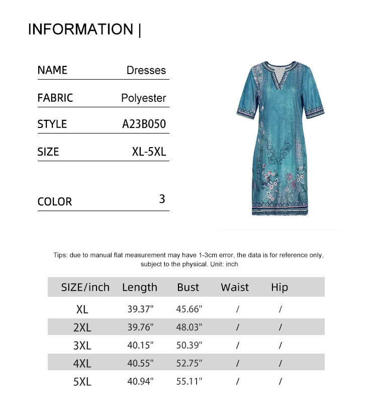 Plus Size 2024 Summer New Women's V-Neck Short Sleeve Dress Printed Patterns Summer Optimal