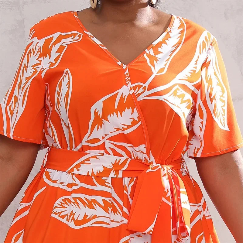 plus size New best-selling oversized loose V-neck dress for women with elastic waist  short sleeved printed long skirt