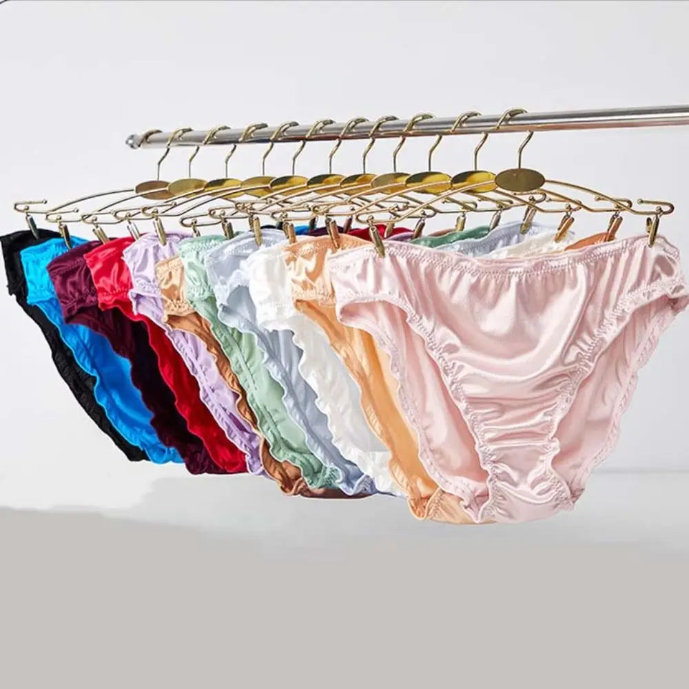 Fashion Low Waist Satin Silk Panties Solid Color Underpants Ruffles Briefs Underwear Women Lingeries Women's Panties Girl