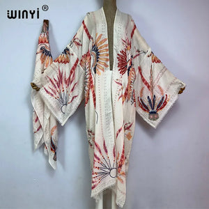 WINYI Bohemian bronzing print Bikini Cover-ups Elegant Self Belted Kimono Dress Women Summer holiday Dress Beach Wear Cover up