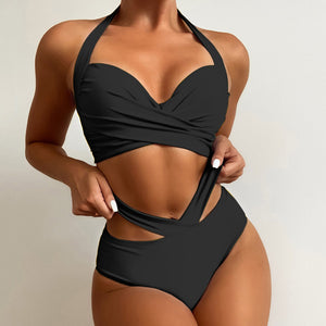 Sexy Yellow Ruched Women's Swimsuit Summer Elegant Push Up Bra High Waist Swiming Suits Ladies Hollow Out Bandage Swimwear