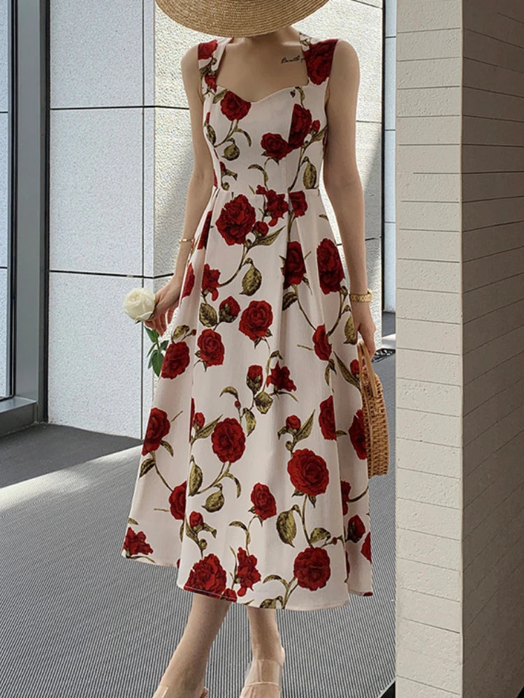 Women's Summer Elegant Floral Print Rose Strap Midi Dress Sleeveless Casual Beach Party Sundress Female Fashion A-Line Vestidos