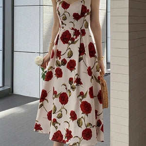 Women's Summer Elegant Floral Print Rose Strap Midi Dress Sleeveless Casual Beach Party Sundress Female Fashion A-Line Vestidos