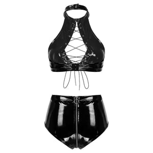 PVC Leather Women Push Up Bandage Tank Lingerie With Zipper Crotch Briefs Sets Erotic Lingerie Set Female S-4XL Underwear