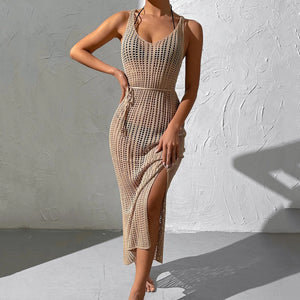 Summer Crochet Hollow Out Beach Dress Womens Swimwear Loose Solid Pareo Sexy Split V Neck Backless Strap Vestidos Beach Cover Up