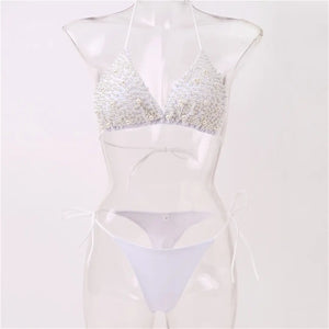 Sexy Halter Mini Bikini Female Swimsuit Women Swimwear Two-pieces Bikini set Luxury Pearl Bather Bathing Suit Swim Lady V2090