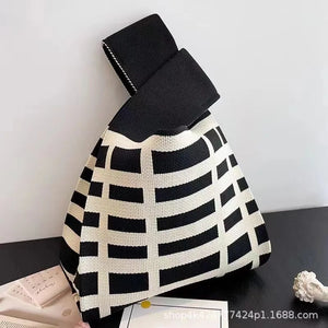 Women'S Knot Wrist Bag Tote Handmade Knitted Bag Portable Mini Striped  Bucket Phone Bags Large Capacity Autumn Winter Handbags