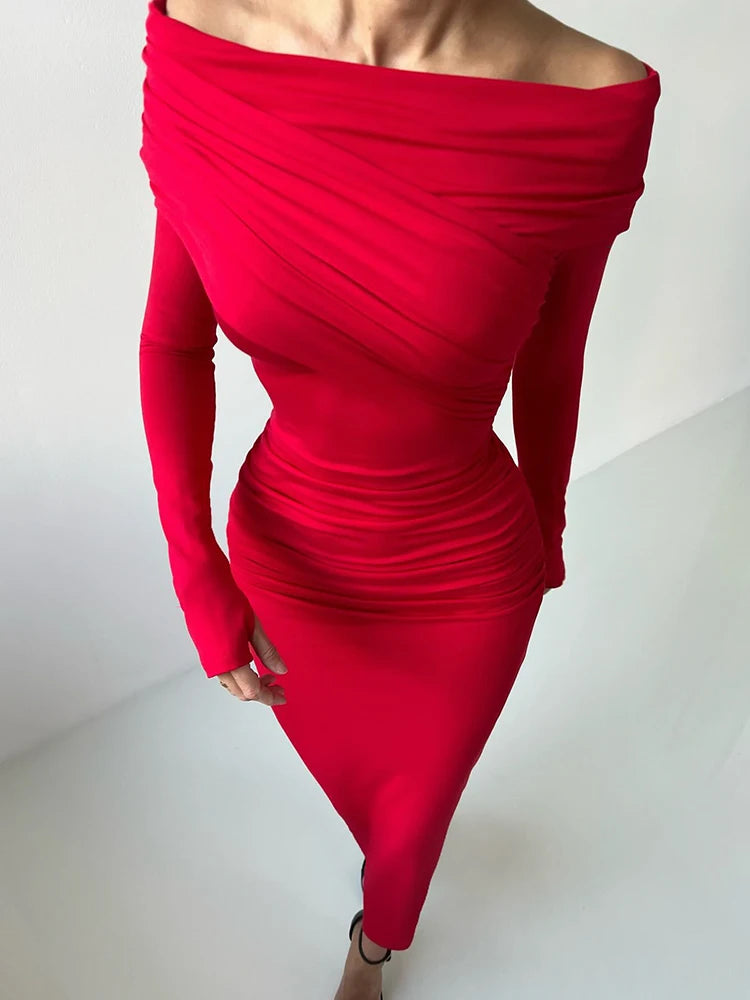 CNYISHE Red Strapless Sexy Club Women Dresses Slash Neck Long Sleeve Sheath Outfits Fashion Slim Bodycon Female Vestidos Robes