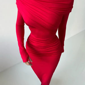 CNYISHE Red Strapless Sexy Club Women Dresses Slash Neck Long Sleeve Sheath Outfits Fashion Slim Bodycon Female Vestidos Robes