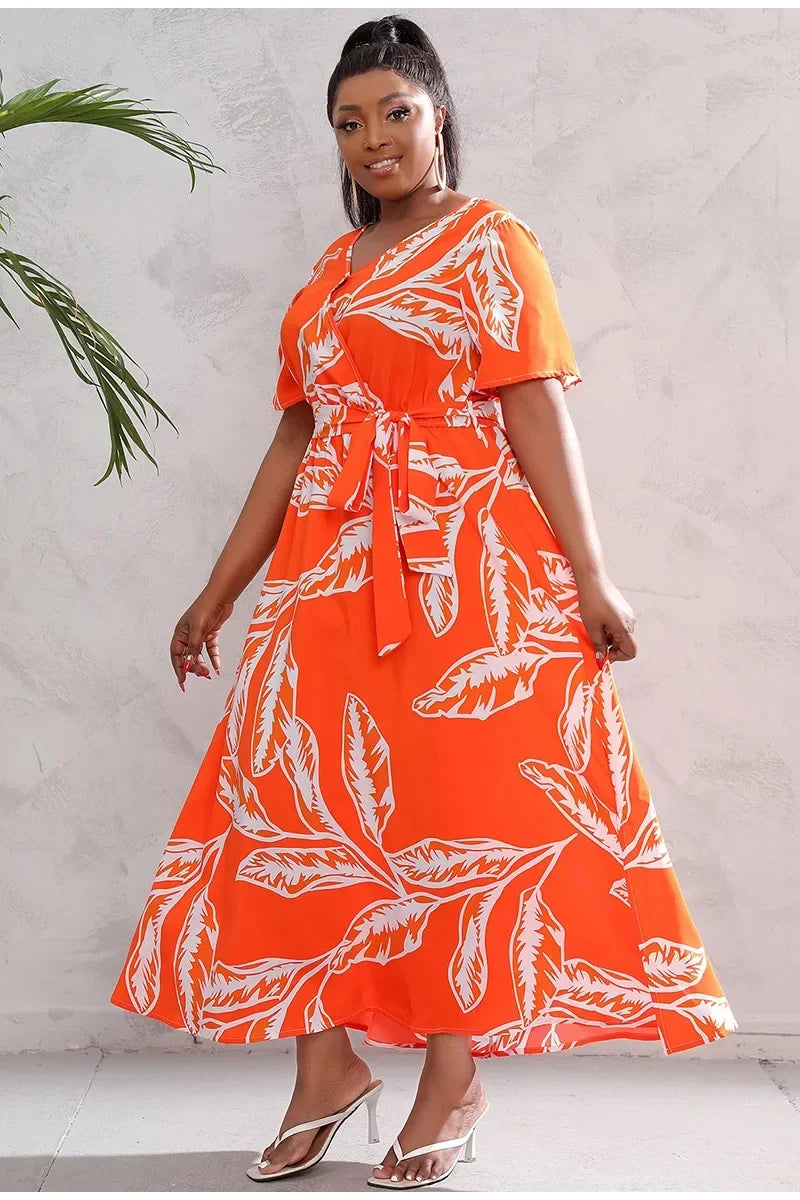 plus size New best-selling oversized loose V-neck dress for women with elastic waist  short sleeved printed long skirt