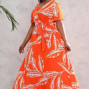 plus size New best-selling oversized loose V-neck dress for women with elastic waist  short sleeved printed long skirt