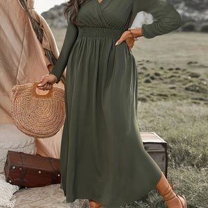 2024 AliExpress Europe and the United States cross-border plus size autumn new fashion V-neck tunic long sleeve dress