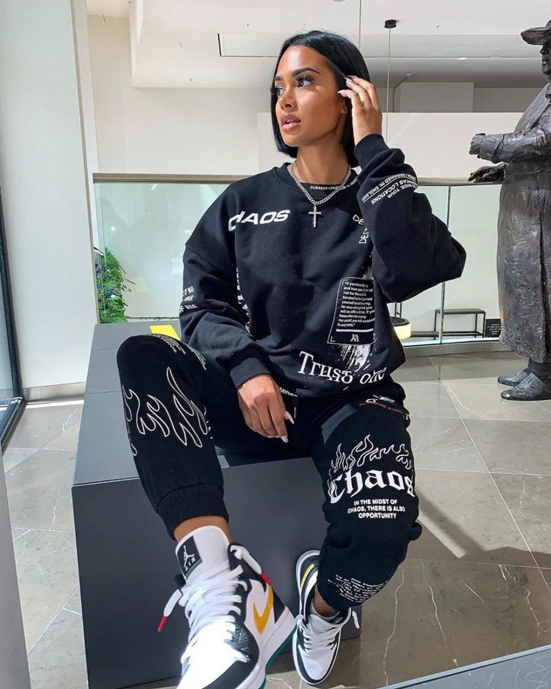 Women Outfit Letter Print Loose 2 Two Piece Set Streetwear Tracksuit Sweatshirt Joggers Pants Matching Ensemble Femme 2 pieces