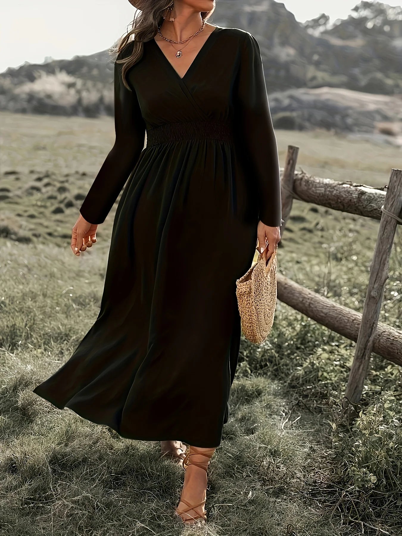 2024 AliExpress Europe and the United States cross-border plus size autumn new fashion V-neck tunic long sleeve dress