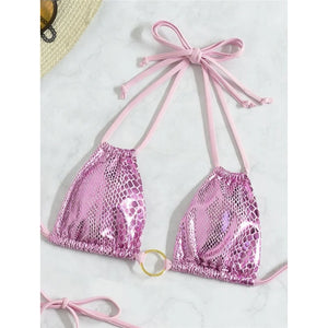 Sexy With Skirt Shiny Snake Skin Bikini Women Swimwear Female Swimsuit Three-pieces Bikini set Bather Bathing Suit Swim K4237