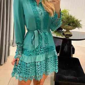 Spring Autumn Hollow Out Floral Solid Color Fashion Casual Sexy Lace Patch Shirt Dress Mini Dress Y2k Party Holiday Vestido