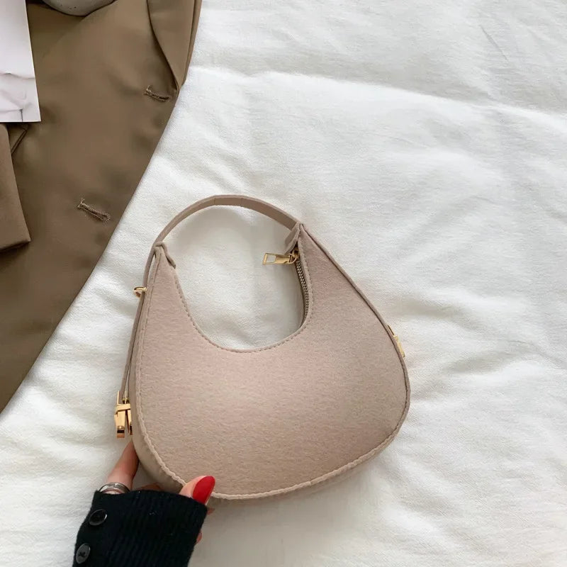 Fashion Luxury Design Felt Shoulder Hobo Bag Women Clutch Handbag Purse Female Solid Color Underarm Bag Small Shopper Tote