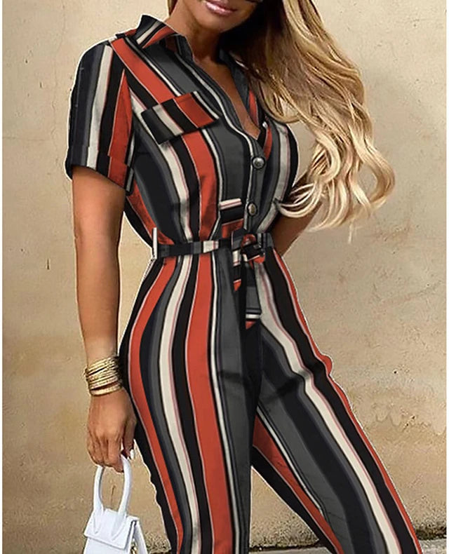 New Summer Jumpsuit Women Elegant Casual Lapel Buckle Printed Female Jumpsuit Woman Trousers Playsuit Overalls Bodysuit Romper