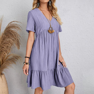 Vintage Solid Elegant Women Dress 2023 Summer Fashion Casual V-Neck High Waist A-Line Mini Dresses Lady Short Sleeve Party Dress