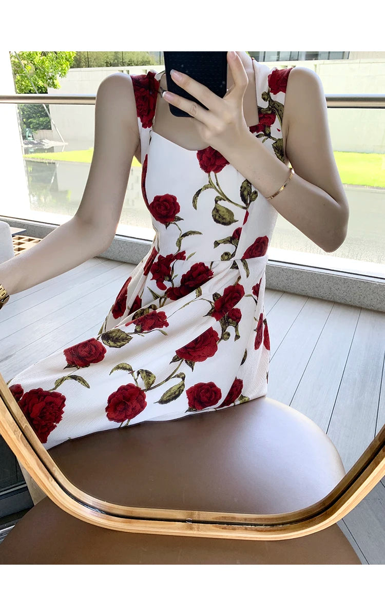 Women's Summer Elegant Floral Print Rose Strap Midi Dress Sleeveless Casual Beach Party Sundress Female Fashion A-Line Vestidos