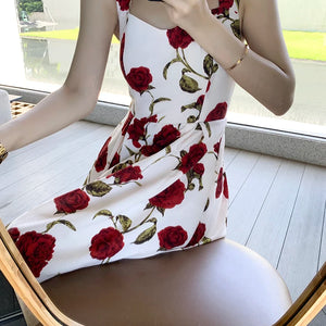 Women's Summer Elegant Floral Print Rose Strap Midi Dress Sleeveless Casual Beach Party Sundress Female Fashion A-Line Vestidos