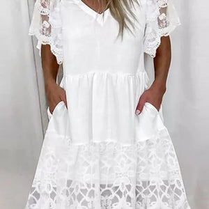 White Lace Patchwork Dress For Women Summer 2024 Casual V-neck Short Sleeved A-line Dress Fashion Boho Beach Dresses