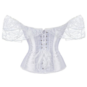 Women Lace Short Sleeve Satin Overbust Corset Sexy Lingerie Body Shaper Corsets Tops White/Black Plus Size S-6XL