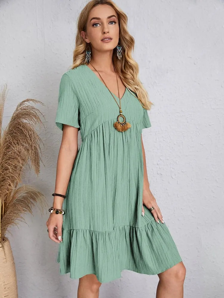 Vintage Solid Elegant Women Dress 2023 Summer Fashion Casual V-Neck High Waist A-Line Mini Dresses Lady Short Sleeve Party Dress