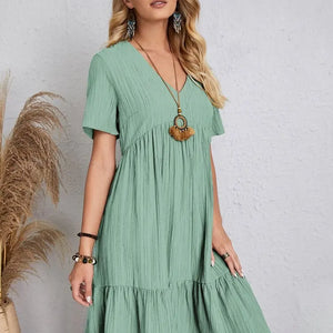 Vintage Solid Elegant Women Dress 2023 Summer Fashion Casual V-Neck High Waist A-Line Mini Dresses Lady Short Sleeve Party Dress