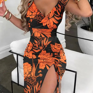 Summer Women Print Dress Fashion Casual Elegant V-neck Sleeveless Bodycon Beach Party Dresses Robe Femme 2024 New Vestidos