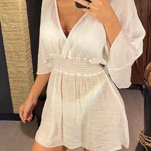 New Sexy V Neck Long Sleeve Backless Chiffon Tunic Beach Cover Up Beach Cover-ups Beach Dress Beach Wear Beachwear V3840