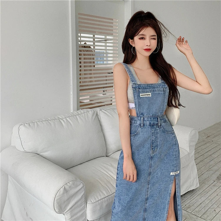 Sleeveless Women Denim Suspender Dress Spring New Midi Skirt Blue Korean Fashion Polo Collar Streetwear Female Braces Slit Dress