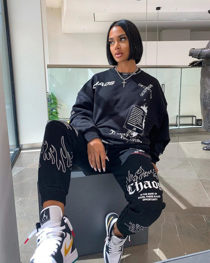 Women Outfit Letter Print Loose 2 Two Piece Set Streetwear Tracksuit Sweatshirt Joggers Pants Matching Ensemble Femme 2 pieces