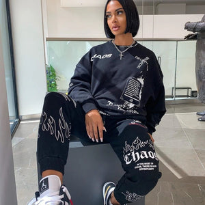 Women Outfit Letter Print Loose 2 Two Piece Set Streetwear Tracksuit Sweatshirt Joggers Pants Matching Ensemble Femme 2 pieces