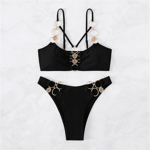 New Sexy Metal Rings Mid Waist Bikini Female Swimsuit Women Swimwear Two-pieces Bikini set Padded Bather Bathing Suit Swim V4474