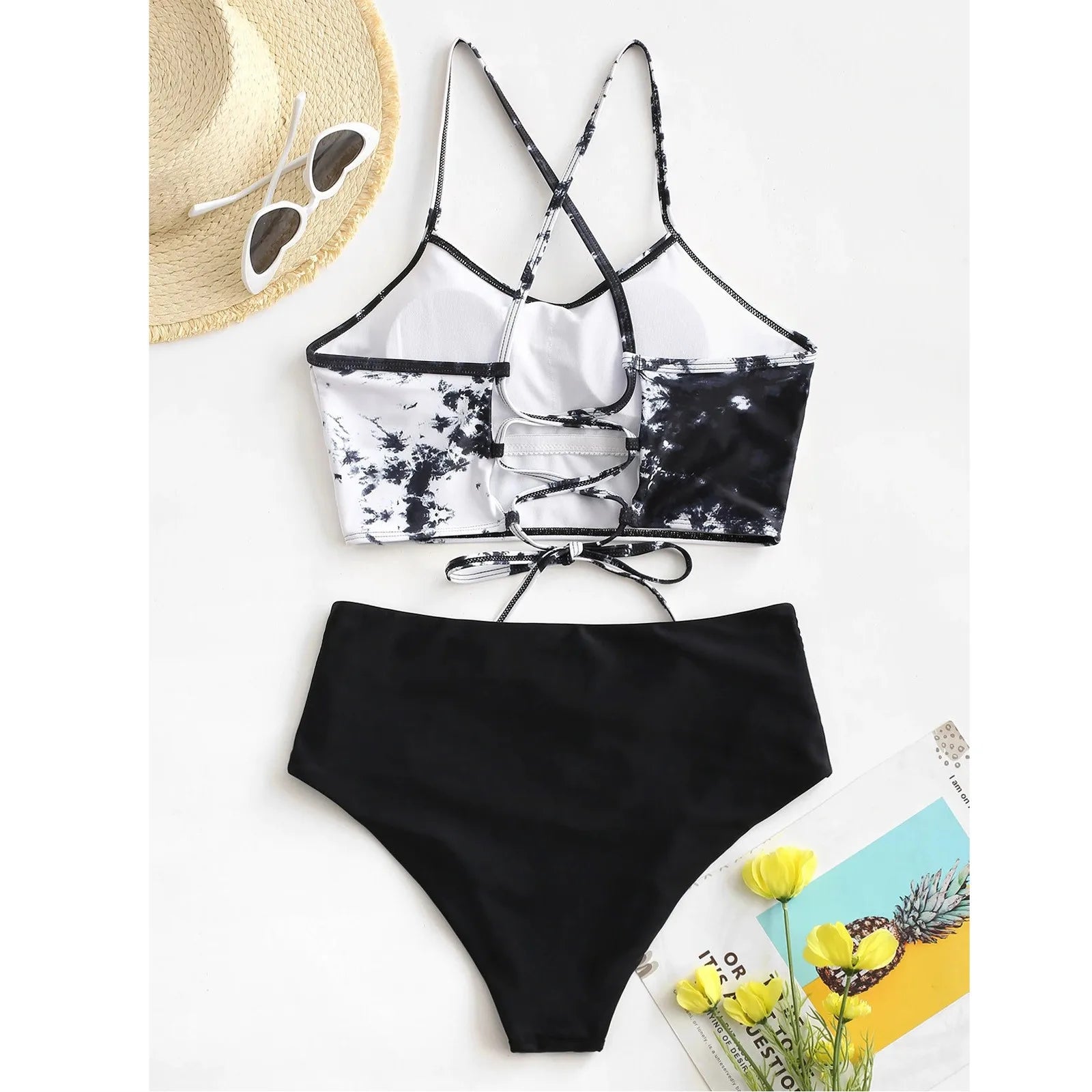 Women's Bikini Swimsuit Sunflower Swimwear Set Swimsuit Tie-dye Two Push-Up Print Piece Swimwears Ruffle Bikini Top with