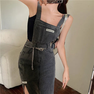 Sleeveless Women Denim Suspender Dress Spring New Midi Skirt Blue Korean Fashion Polo Collar Streetwear Female Braces Slit Dress