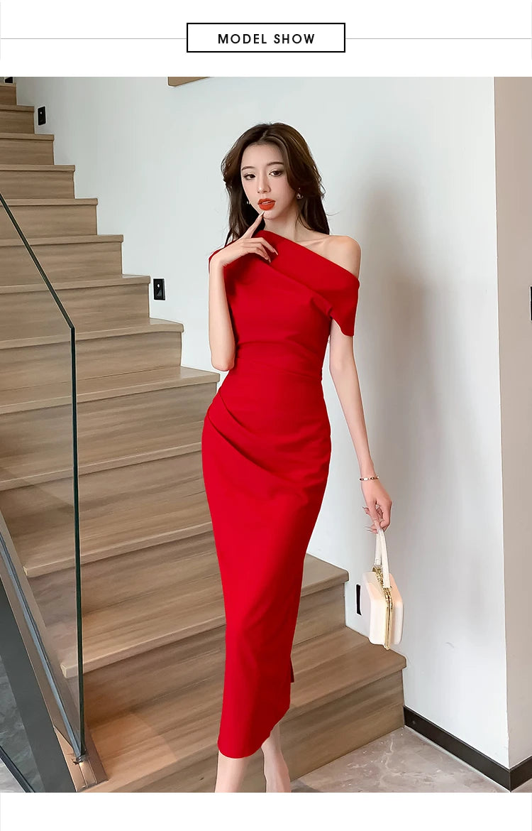 Elegant Off Shoulder Evening Party Dresses Women Summer Fashion Slim One Piece Solid Vestidos Korean Graduation Robe Clothing