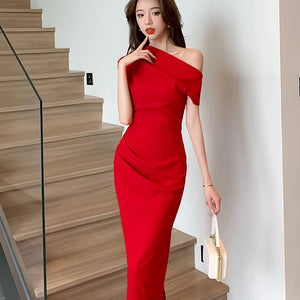 Elegant Off Shoulder Evening Party Dresses Women Summer Fashion Slim One Piece Solid Vestidos Korean Graduation Robe Clothing