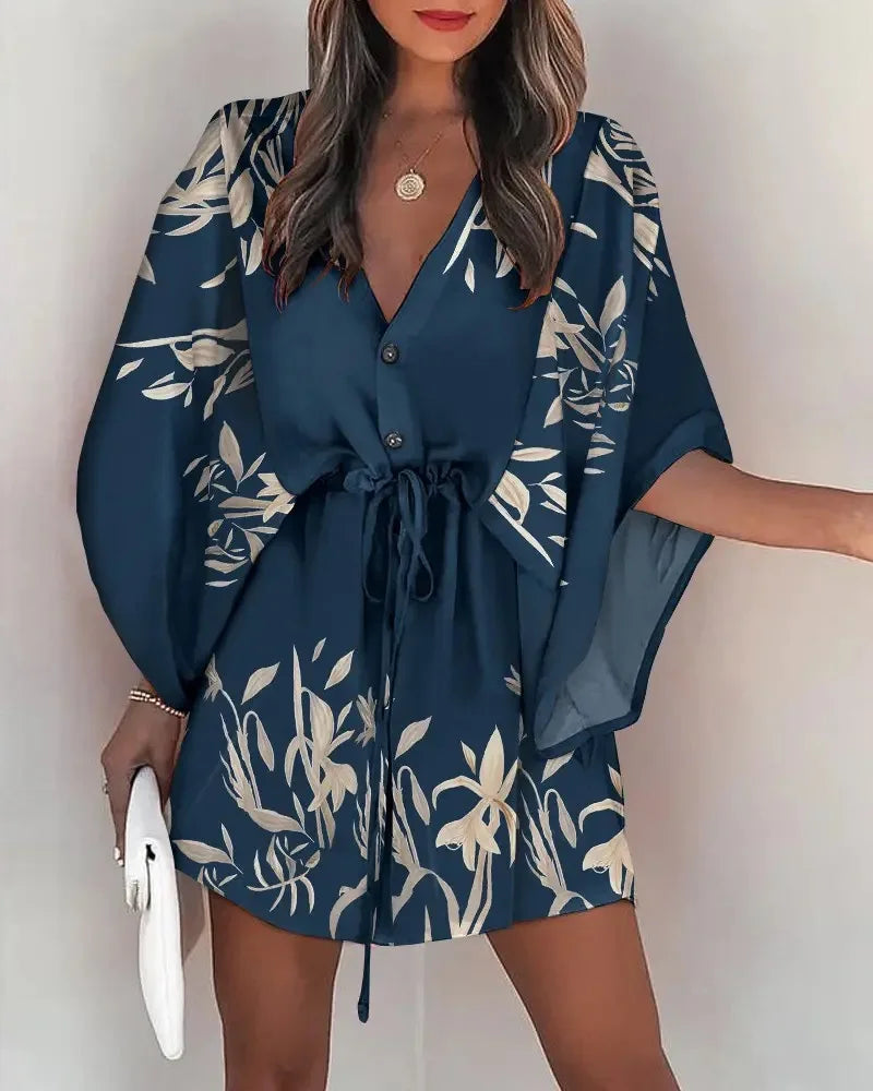 Summer Casual Dress Women Fashion Flying Sleeve V-neck Print Beach Party Dresses Elegant Lace Up Mini Dress Robe Femme 2023 New