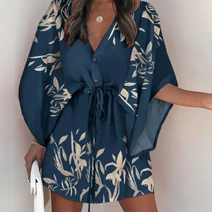 Summer Casual Dress Women Fashion Flying Sleeve V-neck Print Beach Party Dresses Elegant Lace Up Mini Dress Robe Femme 2023 New