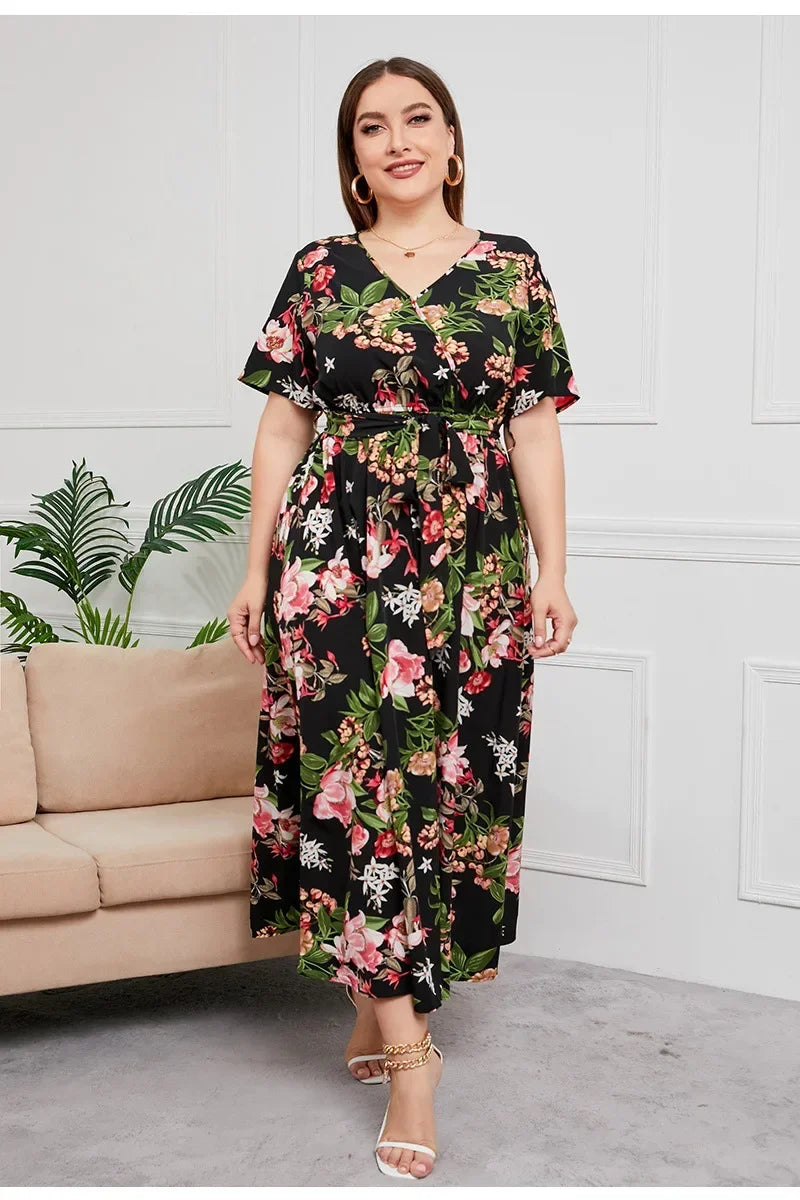 plus size New best-selling oversized loose V-neck dress for women with elastic waist  short sleeved printed long skirt