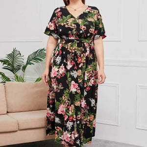 plus size New best-selling oversized loose V-neck dress for women with elastic waist  short sleeved printed long skirt