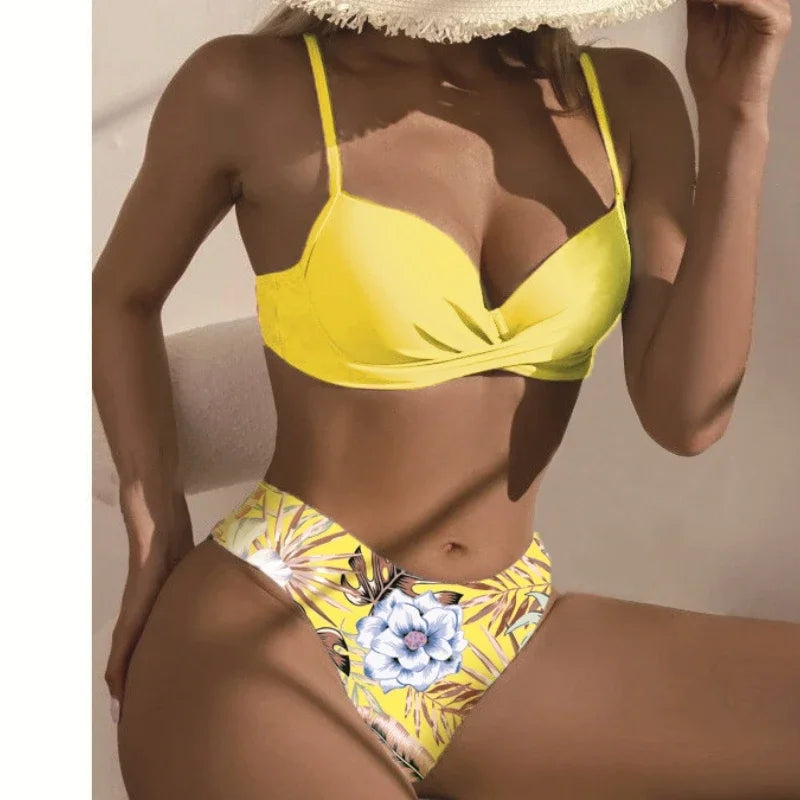 Floral Print 3 Pieces Swimsuit Women Strappy Bikini Set+Long Sleeve Blusas Cover-Up Swimwear Sexy Low Waist Push Up Bathing Suit