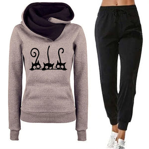 Women's Cute Cat Hooded Outfits Hoodies and Jogger Pants High Quality Ladies Daily Casual Sports Jogging Suit