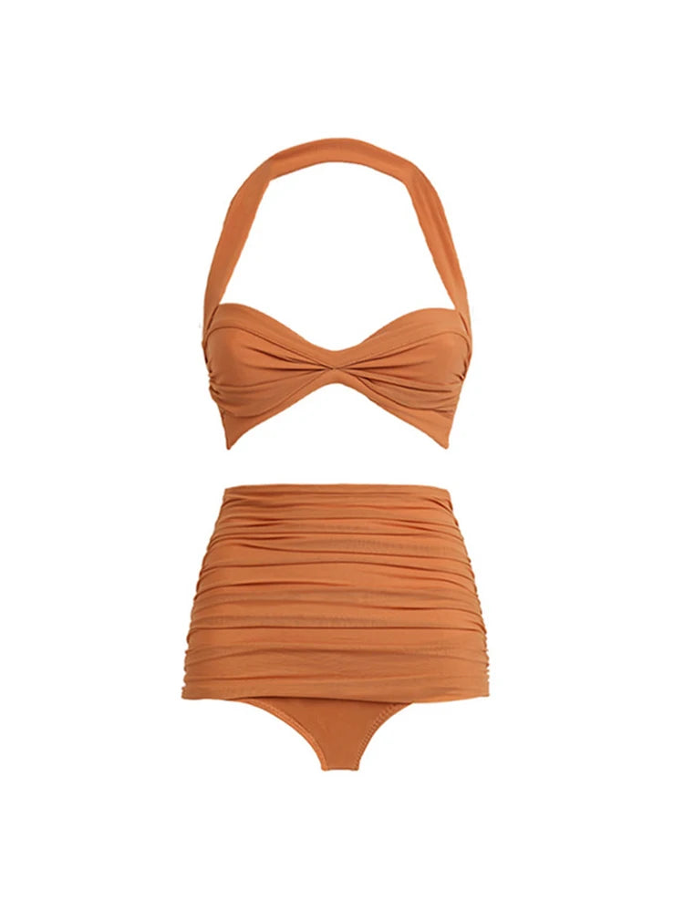 OIINAA Swimwear Women Solid Sexy One Shoulder Swimsuit Halter Ruched Rust Beachwear Bikini Set Vintage Print Summer Bathing Suit