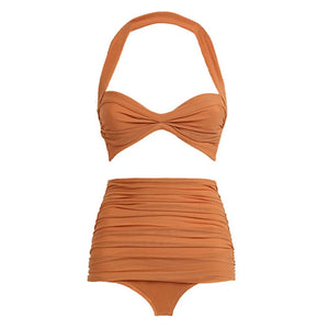 OIINAA Swimwear Women Solid Sexy One Shoulder Swimsuit Halter Ruched Rust Beachwear Bikini Set Vintage Print Summer Bathing Suit